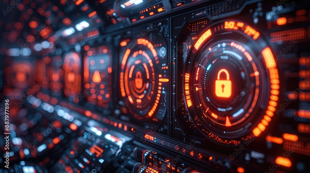 Poster futuristic digital interface with glowing cybersecurity elements, featuring secure lock symbols and 