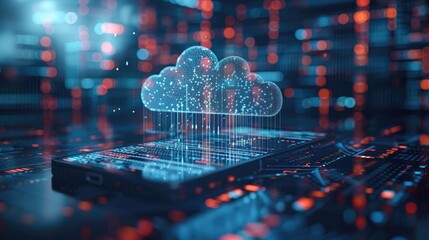 Futuristic digital cloud technology concept with a smartphone, representing data storage, processing, and innovation in the tech industry.