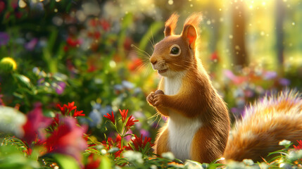 Cheerful Squirrel Amid Blooming Flower Garden in Golden Sunrise Light