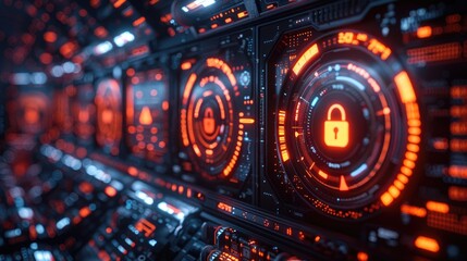 Futuristic digital interface with glowing cybersecurity elements, featuring secure lock symbols and advanced technology visuals.