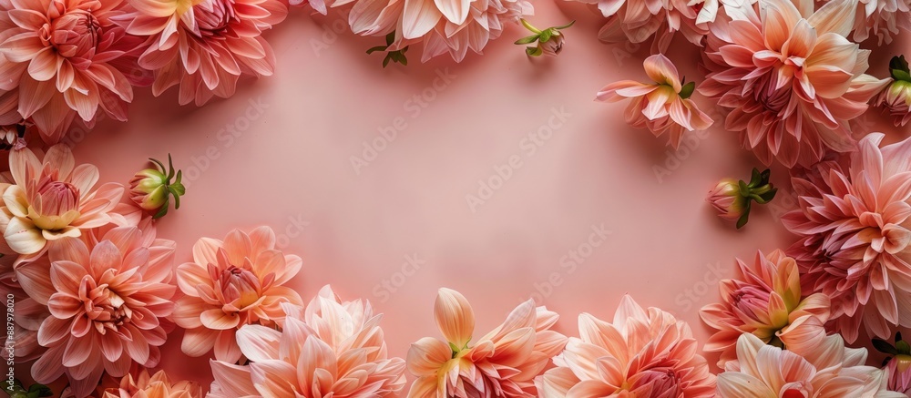 Poster coral backdrop featuring a frame crafted from dahlia blooms embodying a spring motif with room for t