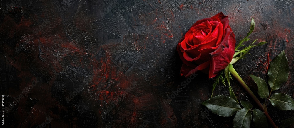 Poster a budding red rose on a dark background with space for adding text creating an artistic image associ