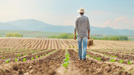 Fototapeta premium A farmer is walking through a field of crops. The sky is clear and the sun is shining brightly. The farmer is wearing a straw hat and carrying a basket of vegetables. The scene is peaceful and serene
