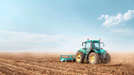 Fototapeta premium A green tractor is driving through a field. The sky is blue and there are clouds in the background