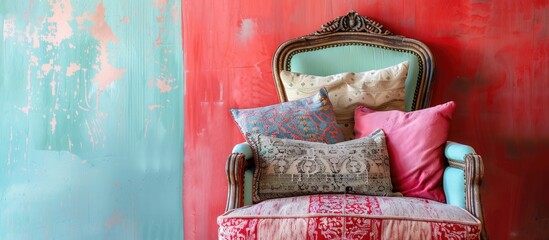 Chair adorned with various cushions against a colored backdrop featuring room for text on a copy space image