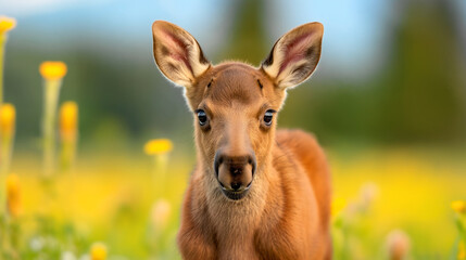Adorable Young Deer in Vibrant Meadow During Daytime with Yellow Wildflowers and Green Grass