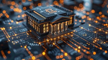 Innovative digital bank concept showcasing modern financial technology integration on a microchip circuit with glowing connections.