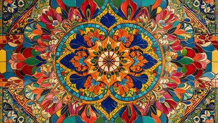 Ornate Symmetrical Floral Mosaic in Vibrant Colors Abstract Background