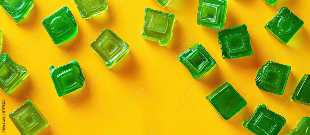 Poster Vibrant green caramel candy displayed on a yellow background creating a colorful copy space image