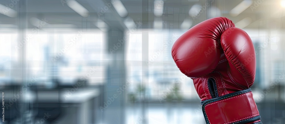 Poster a red boxing glove displayed against a blurred office backdrop with an empty web banner for a leader