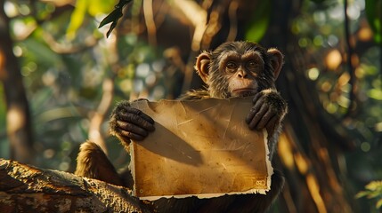 Monkey Holding a Blank Sign: A mischievous monkey perched on a tree branch, holding a blank sign with one hand.
