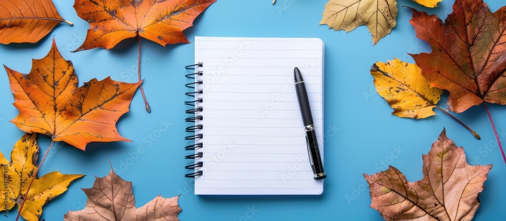 Poster autumn leaves surround a notebook and a black pen on a blue background creating an attractive copy s