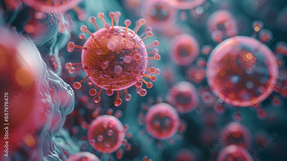 Aufkleber a close-up, microscopic view of various microorganisms in a vibrant, complex environment. the image 