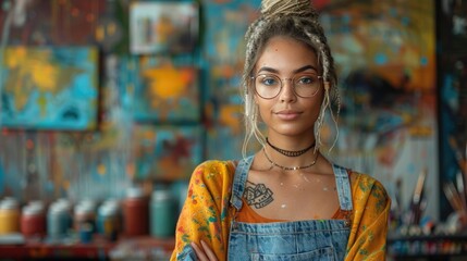 Naklejka premium Portrait of a confident young artist with glasses, standing in her colorful art studio, surrounded by paintings and art supplies.
