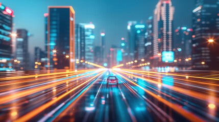 Fototapeta premium Vibrant Night Cityscape Featuring Fast Moving Car with Light Trails