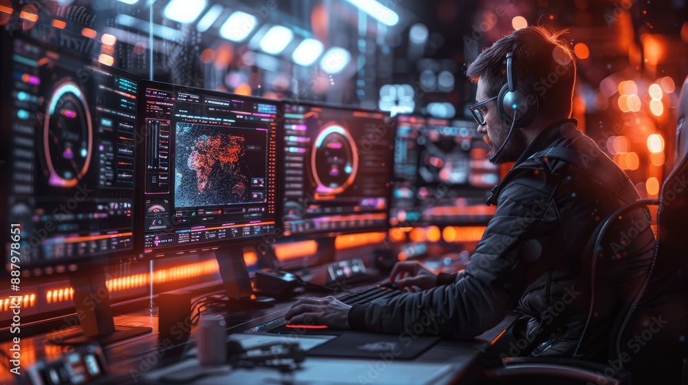 Poster tech professional analyzing data on multiple screens in a futuristic office, highlighting technology