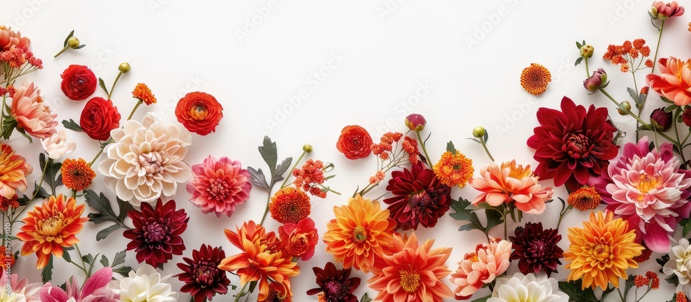 Poster top view of a frame border made of a colorful bouquet of chrysanthemums and peonies in various shade