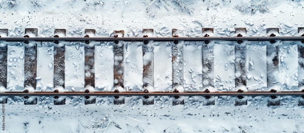 Poster top view of a snowy railway track in winter creating a winter background with room for a copy space 