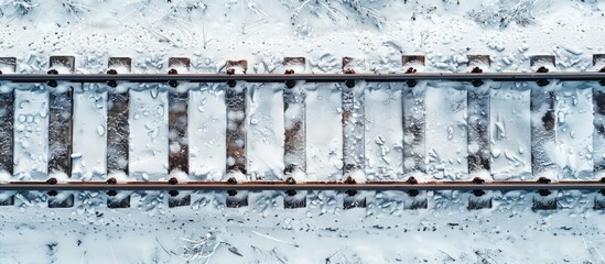 Top view of a snowy railway track in winter creating a winter background with room for a copy space image