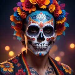 Dia De Los Muertos mask with teeth, day of the dead man intricate face paint, vibrant sugar skull designs with detailed pattern in cultural makeup