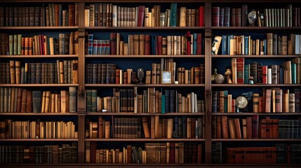 A vast bookshelf in a public library, meticulously organized,