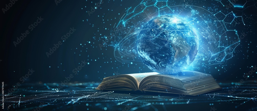 Poster an open book with a blue glowing globe above it symbolizing the power of knowledge and education. wo