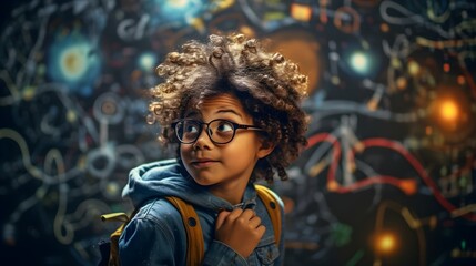 Obraz premium A young learner expressing creativity on a blackboard, turning ideas into visual masterpieces