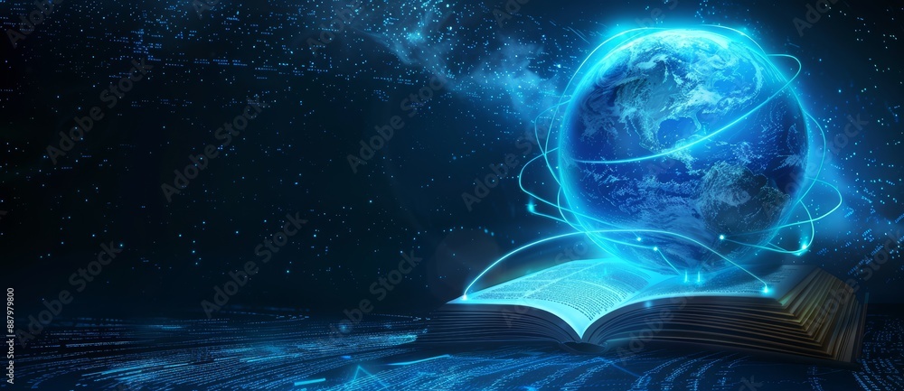 Canvas Prints an open book with a blue glowing globe above it symbolizing the power of knowledge and education. wo