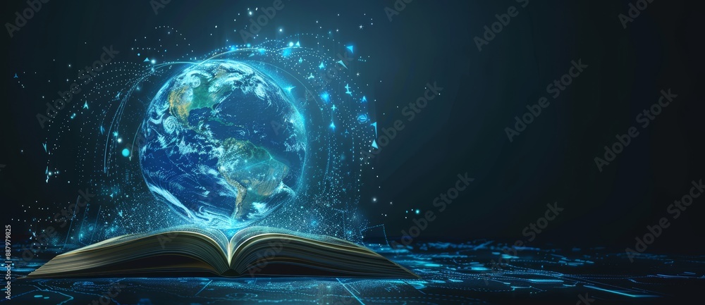 Wall mural an open book with a blue glowing globe above it symbolizing the power of knowledge and education. wo