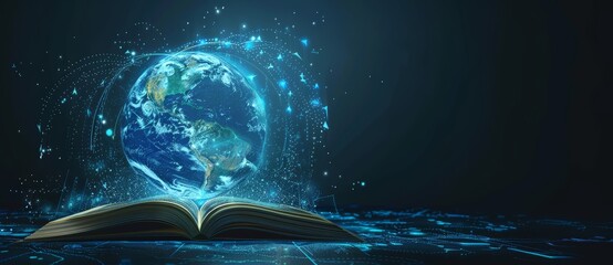 An open book with a blue glowing globe above it symbolizing the power of knowledge and education. Worldwide connection and network, technology and business concept. Empty dark background.