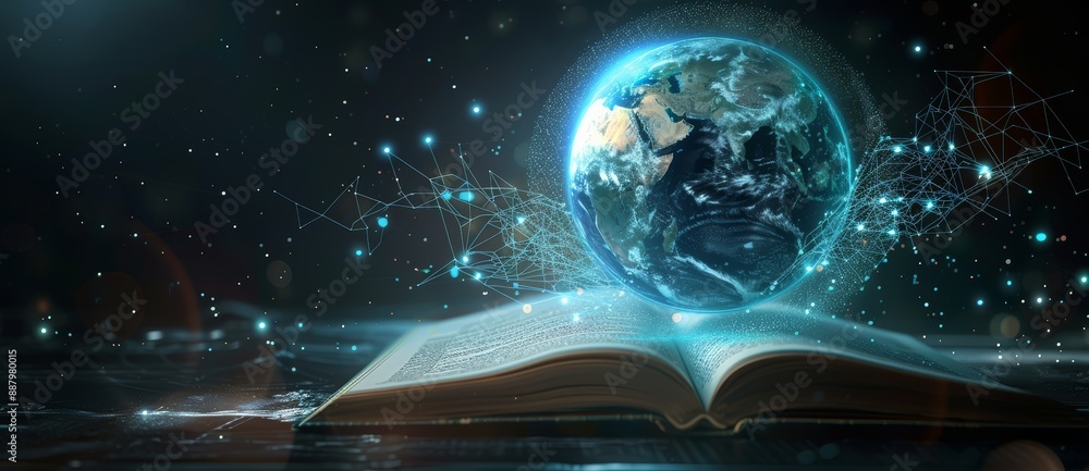 Wall mural an open book with a blue glowing globe above it symbolizing the power of knowledge and education. wo