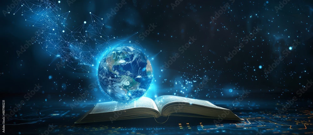 Poster an open book with a blue glowing globe above it symbolizing the power of knowledge and education. wo
