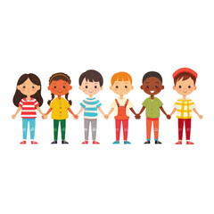 Diverse group of cheerful children holding hands, standing in a row, smiling,  isolated on white or transparent png background