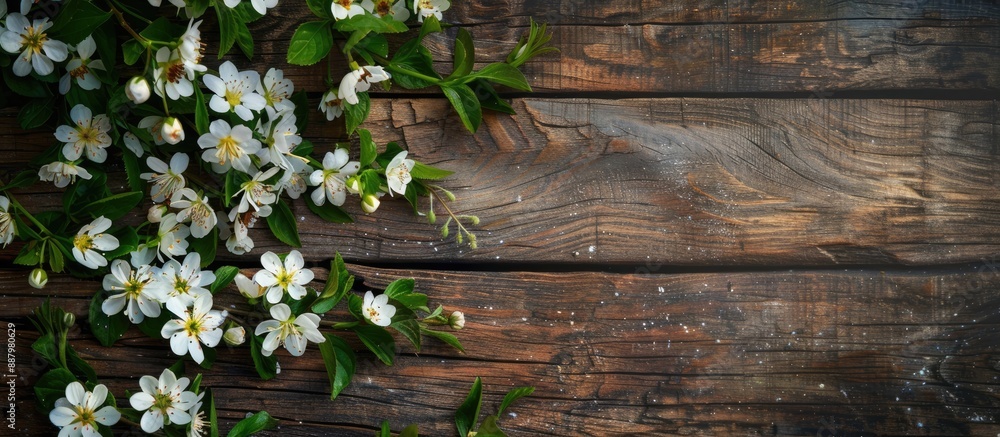 Poster blooming spring flowers on a rustic backdrop with a copy space image