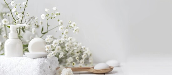 Close up of spa accessories and lovely flowers on a white backdrop with copy space image