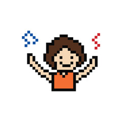 Cute pixel cartoon 8bit character man raise hand up happy with smile face lifestyle decoration 8 bit male boy happy face isolated PNG vector.