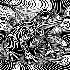 Monochrome Surreal Frog on Psychedelic Swirling Background - Hypnotic Black-and-White Optical Illusion Ink Illustration
