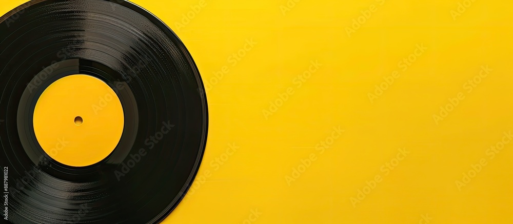 Aufkleber top view of a classic vinyl record on a yellow backdrop with copy space image for text