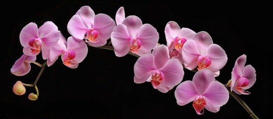 Fototapeta na wymiar Pink Phalaenopsis or Moth orchid in an extreme close up isolated on a black background with a clipping path for copy space image