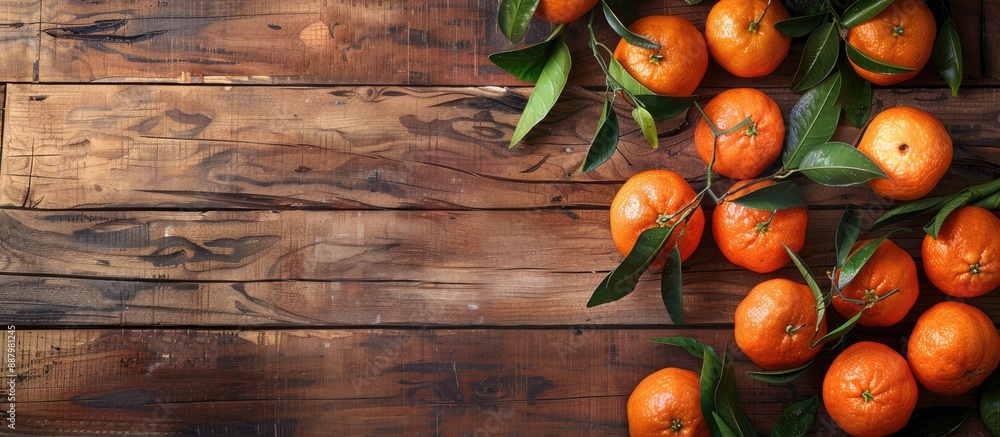 Poster ripe mandarins with leaves arranged on a rustic wooden table with space for additional images