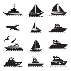 Design very stylish black pictograms that represent ship items icon set.flat. Simple. White background.