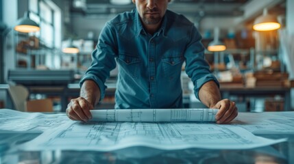 Architect works in the background, reviewing blueprints, as a large format printer steadily produces detailed technical drawings for a new building project.