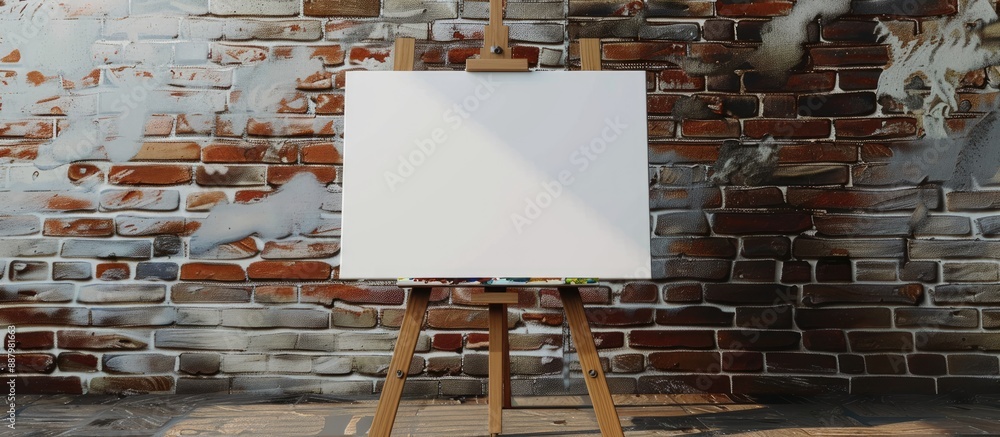 Poster close up view of a wooden easel with a blank canvas positioned near a brick wall providing ample cop