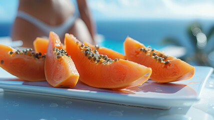 Sliced papaya on a plate by the beach under the sun.