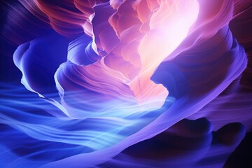 Obraz premium Futuristic abstract natural background. Antelope Canyon. Beautiful and colorful narrow slot canyon wall in blue and pink colors. Sand scoured rocks texture. Travel and vacation concept