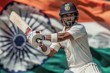 Fototapeta premium Cricket player in action swinging a bat with Indian flag background