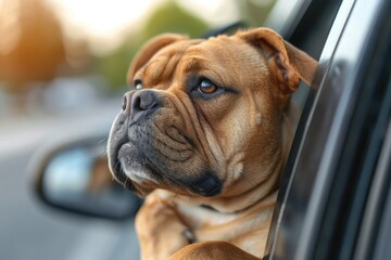 Curious bulldog leaning out of a car window during a road trip.