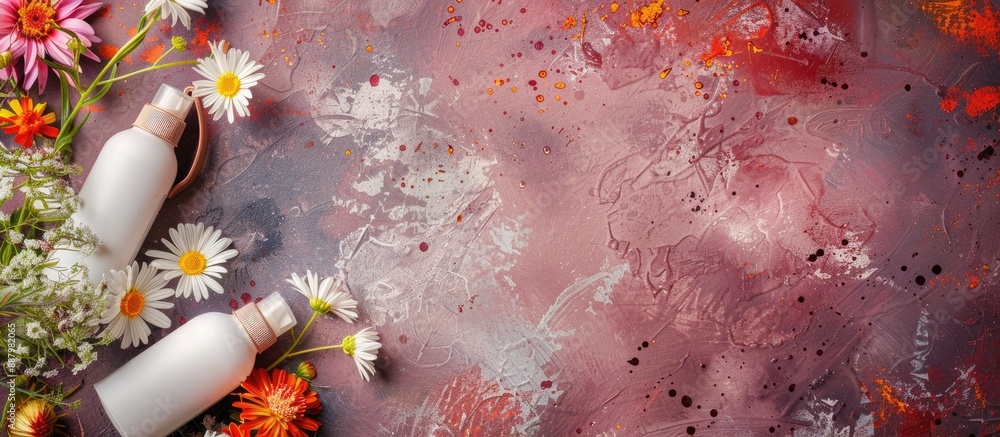 Poster grunge background with deodorants and flowers with copy space image