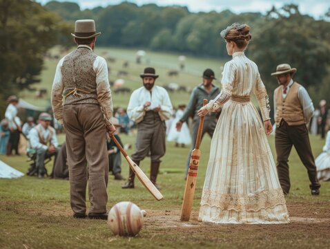 Vintage cricket game played outdoors with traditional attire