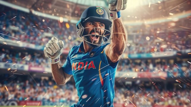 Professional cricket player in action, wearing India team jersey